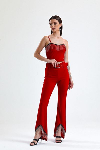 Sense Pantaloni de rochie de seară din crepon pentru scuba, cu centură în talie și detaliu de lanț de piatră |   Pnt34307 Roșu