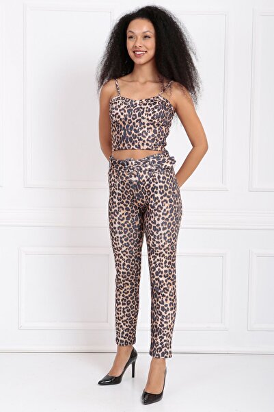 Sense Beli 5 Cm.lik Kumaş Kaplama Toka Ve Kemerli Scuba Leopar Dar Paça Pantolon | Pnt32734 Leopar Desenli