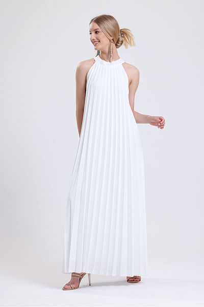 Sense Lined Pleated Long Evening Chiffon Dress |   Elb35127 Ecru