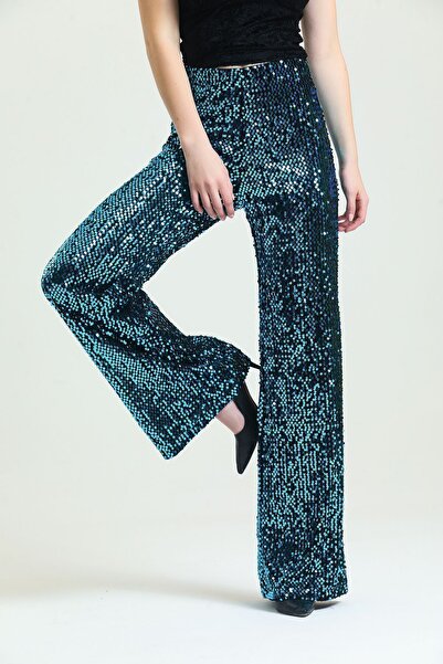 Sense Elastic Wide Leg Sequined Evening Trousers |   Pnt33970 Black-Turquoise