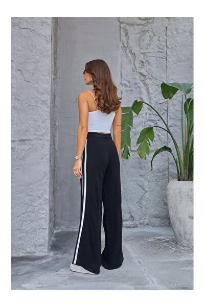 Elif Özbey Butik Siyah Şeritli Palazzo Triko Pantolon