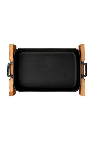 Lava Cast Rectangular Rosto and Baking Tray Beech Serving Wood Cast Iron Solid Double Handle Size