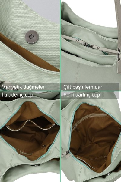 Cappadocia Vintage 3286 Lonia Women's Mint Green Canvas 100% Cotton Canvas Daily Shoulder Tote Bag