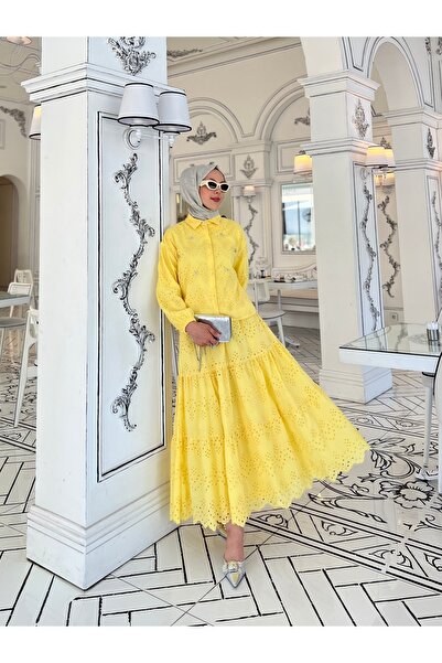 PİNK FLY Stone Detailed Floor-Length Scallop Hijab Set Yellow