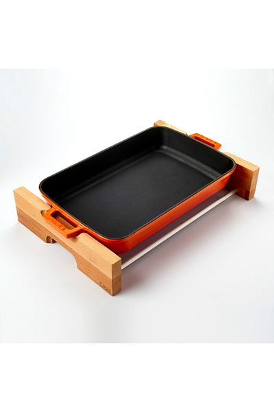 Lava Cast Rectangular Rosto and Baking Tray Beech Serving Wood Cast Iron Solid Double Handle Size