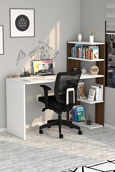 Moonlife Çınar Kitaplıklı Çalışma Masası Beyaz Ceviz