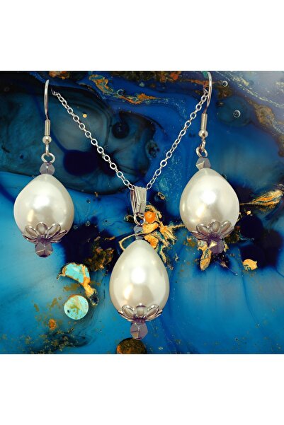 ayrestyle Silver Color Chain Shiny Big Grain White Drop Majorica (MAYORKA) Pearl Women's Earrings and Necklace Set