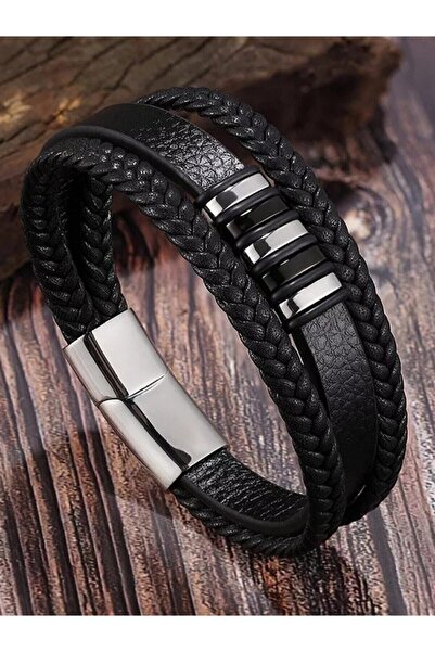 Erdem Erkek Hakiki Deri Bileklik Siyah Renk Manyetik Toka Örgülü Pirinç Bileklik- Erkek Bileklik