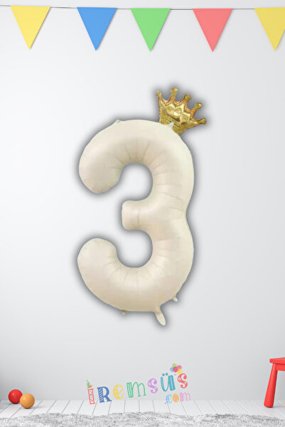 mypartyready 3 Yaş Doğum Günü Kral Taçlı Krem Renk Rakam Folyo Balon 3 Yaş Do...