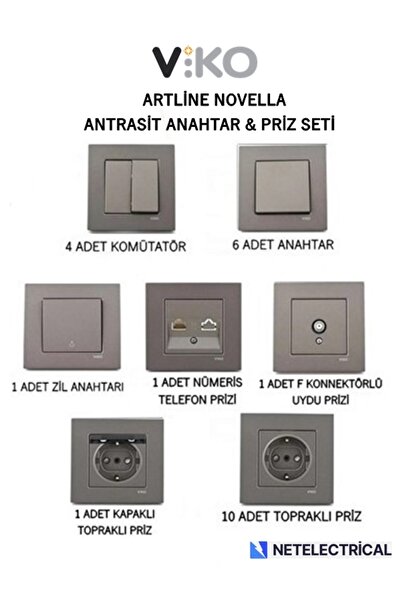 VİKO Viko Artline Novella Antrasit Anahtar & Priz Seti