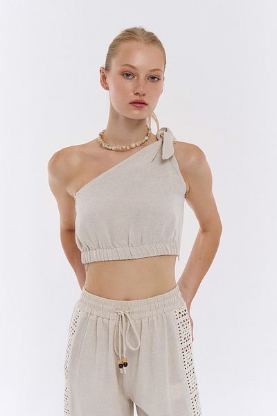 Quzu Natural Single Shoulder Crop Linen Blouse