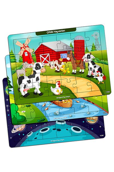 kutuTR 🧩 🌍   Educational 3-Piece Wooden Puzzle Set |   18X25Cm |   24 Pieces 🚀 🐄 🧒   Set 5