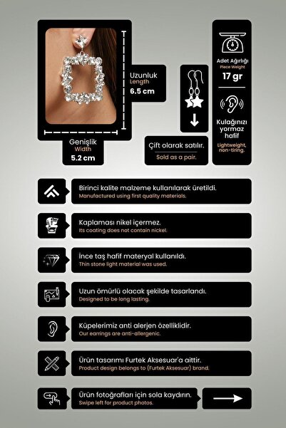 Furtek Aksesuar Kadın Kare Sallantılı Model Gümüş Zirkon Taşlı Elmas Pırlanta Abiye Elbise Düğün Nişan Gelin Küpe