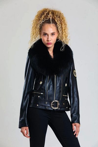By Marki Marki Black Women's Leather Coat - Genuine Leather, Fur Detail, Luxury Design, Special Collar - 11108802