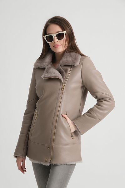 By Marki Marki Beige Genuine Leather Coat - Soft Fur Collar and Fur Inside, 73 Cm, Modern Fit Cut - 114322