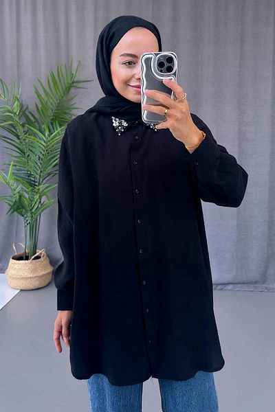 Ka Hijab Black Hijab Shirt with Stone Detail