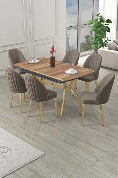 Canisa Sim Serisi 89x150 Açılabilir Lak Panel Hazar Masa Takımı 6 Cappucino Sandalye