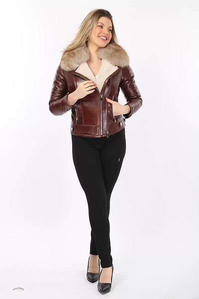 By Marki Marki Brown Vintage Furry Genuine Leather Women's Jacket - Without Belt 121072