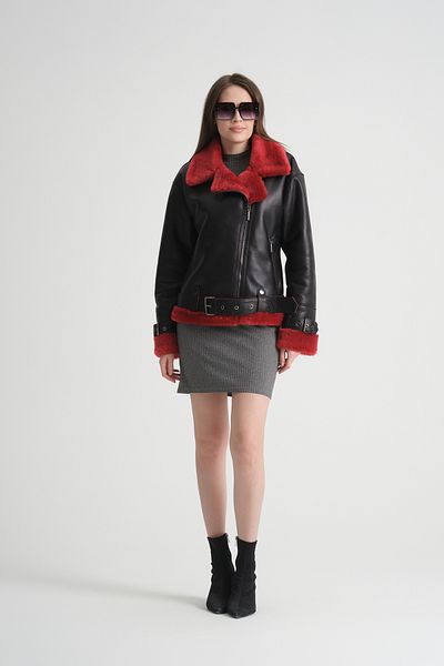 By Marki Marki Black Genuine Leather Belted Jacket with Red Fur Detail - Luxury Women's Coat 113822