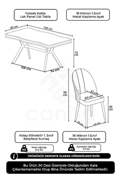 Canisa Pem Serisi 90x160 Lak Panel Beyaz Mermer Desen Krom Ayak Masa Takımı 6 Gri Sandalye
