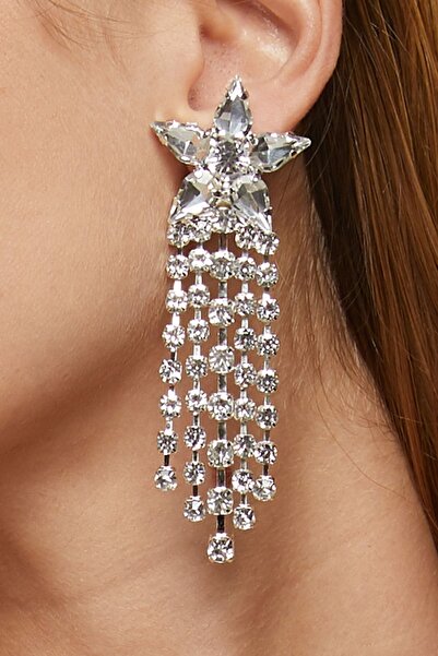 Furtek Aksesuar Kadın Yıldız Saçaklı Sallantılı Taşlı Uzun Model Gümüş Pırlanta Abiye Söz Gelin Düğün Parti Küpe