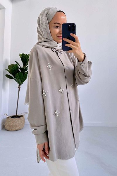 Ka Hijab Light Mink Star Stone Embroidered Modal Shirt