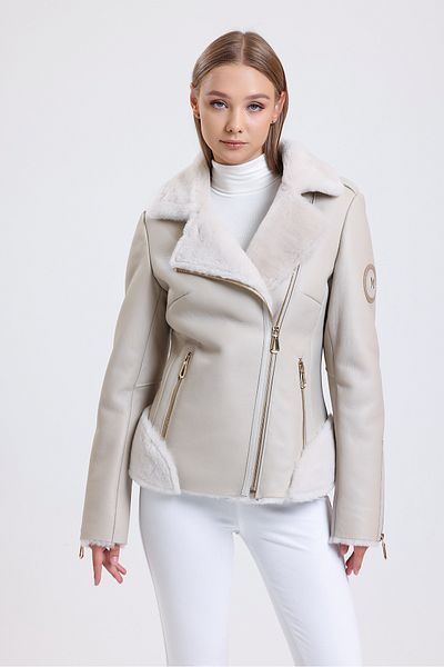 By Marki Marki Luxury and Stylish Beige Leather Jacket - Special Fur Collar, Genuine Leather - 111722
