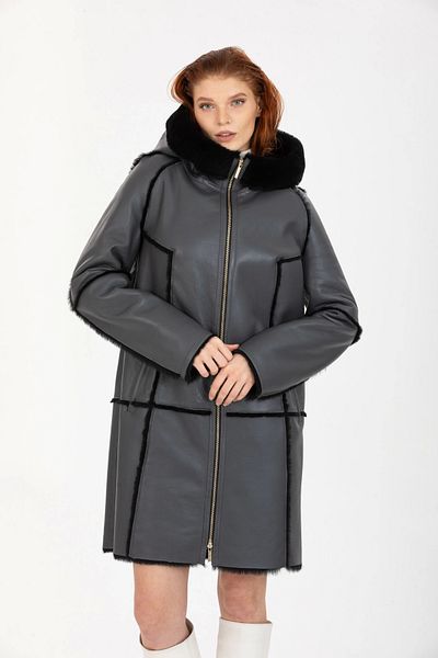 By Marki Marki Women's Genuine Leather Coat, Anthracite Fur Hooded Long Coat, Long Women's Coat -113422
