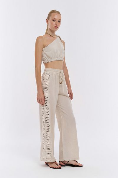 Quzu Natural Linen Trousers - Openwork Detail on the Edge