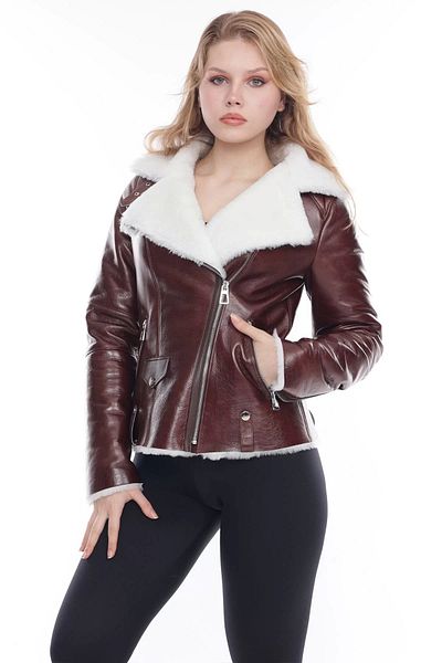 By Marki Marki Brown Vintage Women's Leather Coat with White Fur Collar - 109622