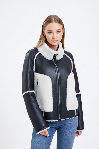 By Marki Marki Black Leather Jacket with White Fur - Stand Collar, Fur Inside - 111622