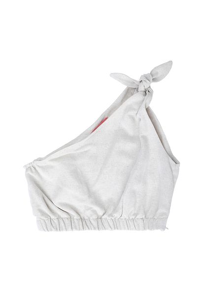 Quzu Natural Single Shoulder Crop Linen Blouse