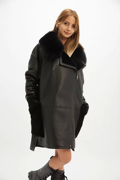 By Marki Marki Black Genuine Leather Coat - Long, Fur Collar, Fur Inside - 107422