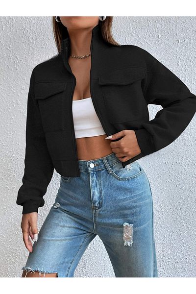 CLAYES Black Crop Women's Cardigan - Stand Collar and Pocket