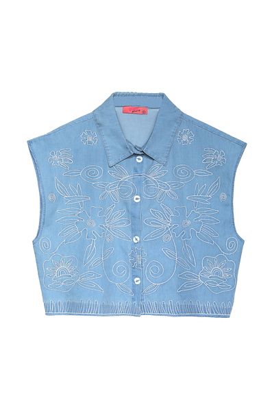 Quzu Cămașă din denim fără mâneci brodate albastră