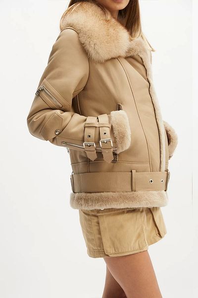 By Marki Marki Beige Women's Genuine Leather Coat - Fur Collar, Belt Detail and Fur Inside - 101722