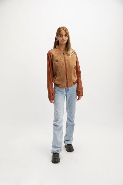 By Marki Marki Genuine Leather Jacket, Tan Fur Detailed Bomber, College Style, Fit Jacket, Zipper Closure, Coat -100622