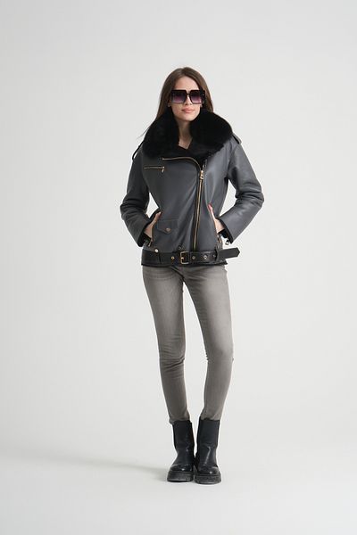 By Marki Marki Anthracite Genuine Leather Coat - Gold Zipper, Special Fur Collar, Oversize, Belted - 114422