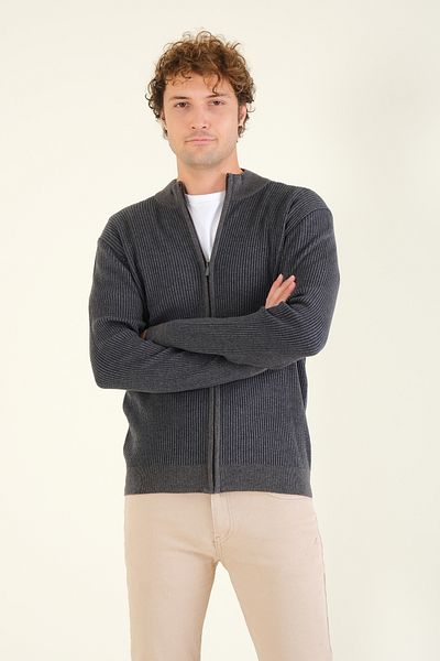 Giyim Dünyası Anthracite Men's Sweater - Stand Collar and Zipper Detail