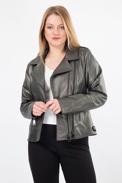 By Marki Marki Silver Colored Women's Coat - Genuine Leather, Double Breasted Collar, Zippered, Classic Design, 57 cm - 10030905