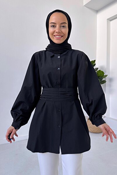 Ka Hijab Black Shirt - Balloon Sleeve and Belt Detail