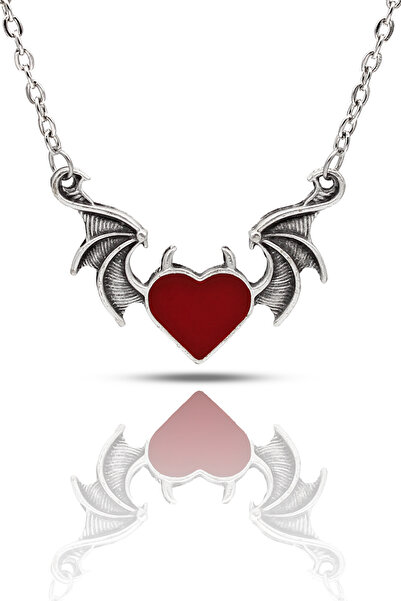 kolbi Gotik Devil Red Heart Kolye - Mineli Antik Gümüş Kaplama Klasik Zincirli