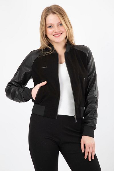 By Marki Marki Black Genuine Leather Women's College Jacket - Suede Detailed, Fit Cut, Zipper - 56 cm