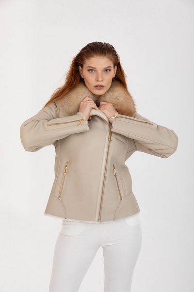 By Marki Marki Beige Genuine Leather Jacket, Double Breasted Women's Leather Jacket, Fur Collar Jacket, White Fur Inside -113522