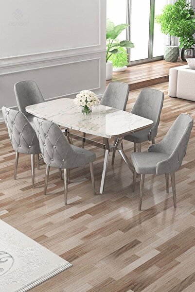 Canisa Asel Serisi 90x160 Lak Panel Beyaz Mermer Desen Krom Ayaklı Masa Takım...