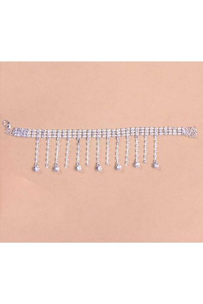 Furtek Aksesuar Women's Silver Crystal Stone Fringed Dangling Foot Anklet Model Tarnish-proof Chain Adjustable Anklet