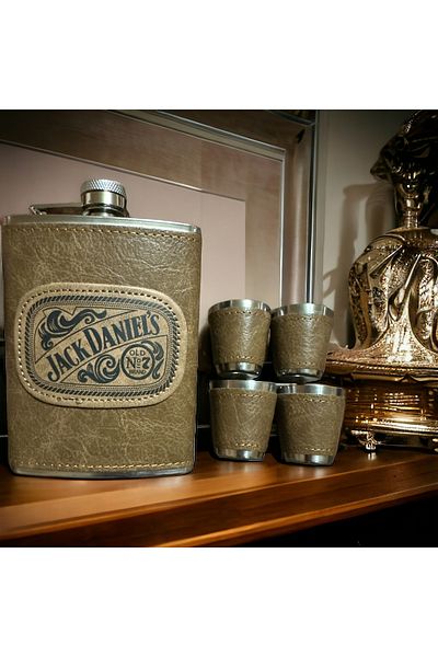 STLIFE Stainless Steel Flask - Leather Covered, Gift for Lover, Shot Glass Flask