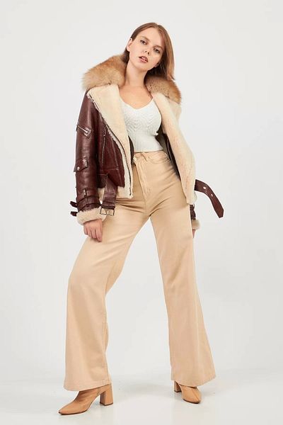 By Marki Marki Brown Vintage Furry Genuine Leather Women's Coat - Belt Detail, Fur Inside - 101722