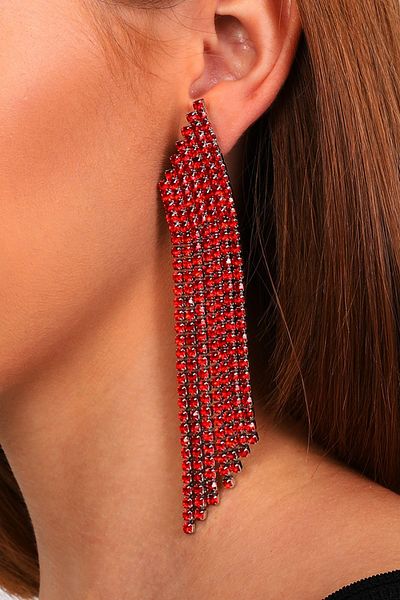 Furtek Aksesuar Women's Red Ladder Model Stoned Fringed Evening Dress Wedding Henna Prom Party Prom Earrings