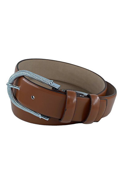 Süzer Deri حزام نسائي من الجلد الطبيعي 100% بإبزيم فضي مرصع بعرض 3.5 سم